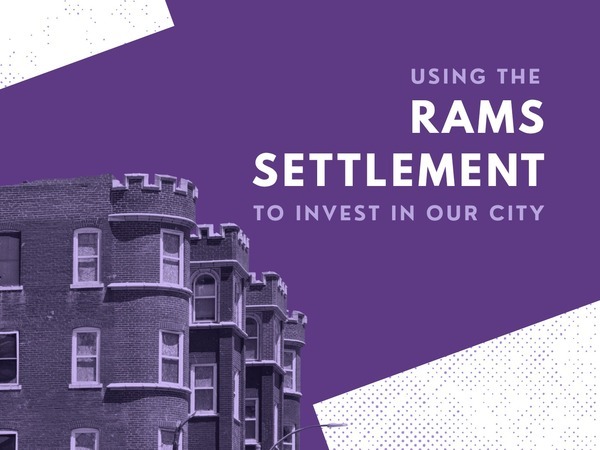 Image of an apartment building with a crenellated parapet with the accompanying text "Investing in Our City"
